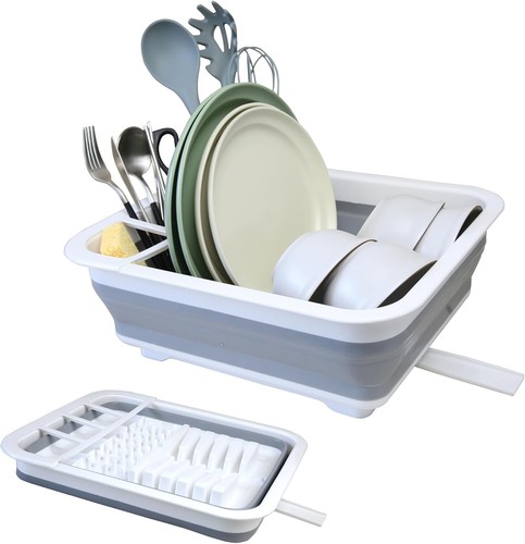 Collapsible Dish Drainer with Drain Plug, Space-Saving Portable Rack for Kitchen