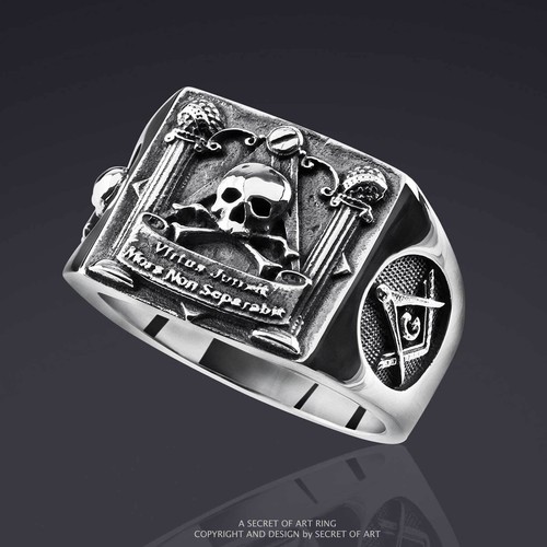 Freemason Ring Masonic Skull Pillars Signet Silver 925 Virtus Biker Memento Mori - Picture 7 of 12