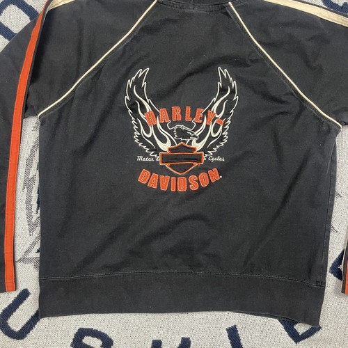 VTG Y2K Harley Davidson Hoodie Full Zip Women's XL Faded Black Orange Striped - Picture 3 of 18