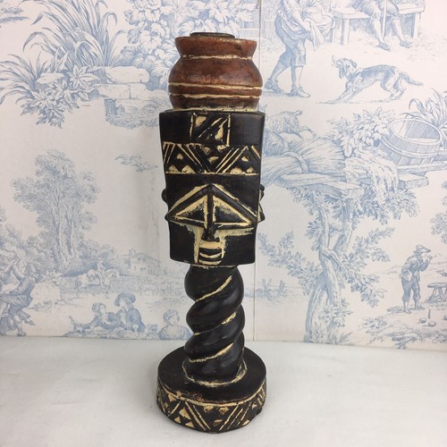Wooden Carved Ethnic Candle Holder beige Brown 25cm High - Picture 10 of 11