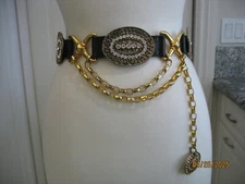 STREETS AHEAD BLACK LEATHER GOLD METAL RHINESTONE CHAIN BELT 25in to 29in WAIST