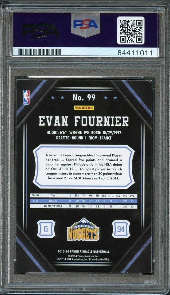 2013-14 Pinnacle #99 Evan Fournier Signed Card AUTO 10 PSA Slabbed Nuggets - Image 2 of 2
