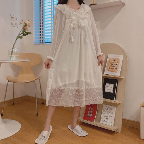 Long Sleeve Autumn Sleepwear Sexy Lace Princess Dress Vintage Palace Nightgown - Bild 5 von 14
