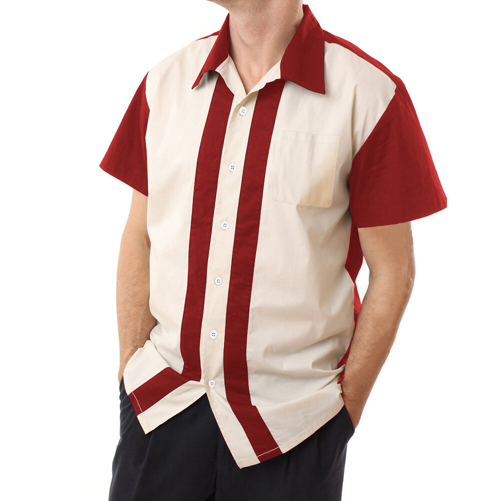 Men Stripe Vintage Cotton Shirts Short Sleeve Casual Rockabilly Bowling  Shirt