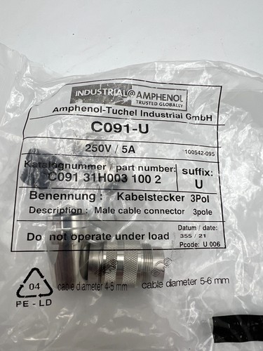 QTY 5 Amphenol-Tuchel Male Cable Connector 3 Pole 250V 5A, C091 31H003 100 2 U - Picture 1 of 6