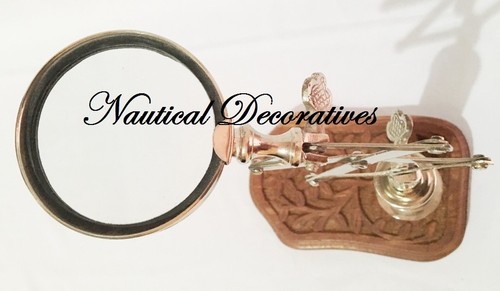 Vintage Style Desk Top Channer Magnifier Brass Magnifying Glass on Wooden Stand - Picture 3 of 6