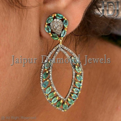 Drop Earring Natural Emerald Gemstone Pave Diamond 925 Sterling Silver Jewelry - 第 4/7 張圖片