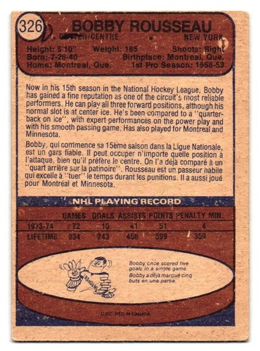 1974-75 O-Pee-Chee #326 Bobby Rousseau New York Rangers OPC SKU#VS1104 - Picture 2 of 2