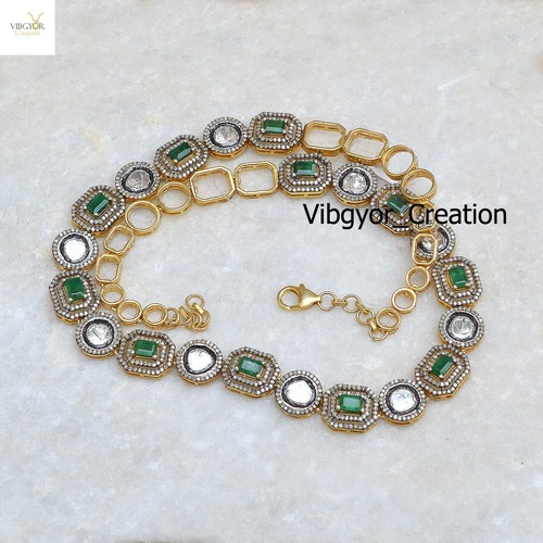 Pietra Preziosa Diamante Pave 21" Collana Placcata Oro Argento 925 Gioielli Polki Per Lei - Foto 3 di 4