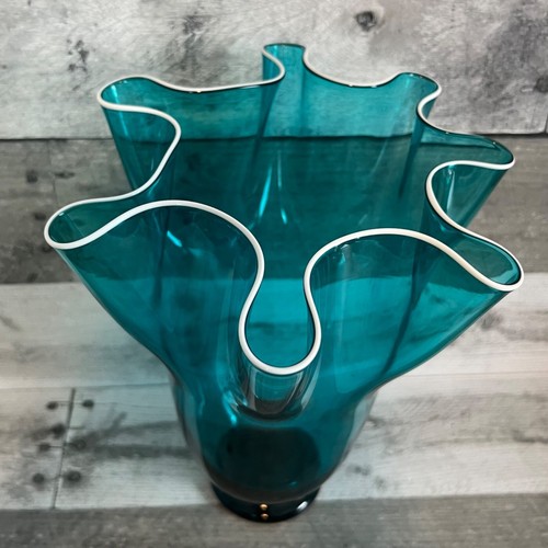 Art Glass Handkerchief Ruffled Vase Blue White 0340 - Picture 11 of 12