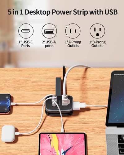 Tira de alimentación de viaje 2 tomas 2/3 puertos USB A 1 USB C adaptador de cable de extensión de 3 pies - Imagen 30 de 37