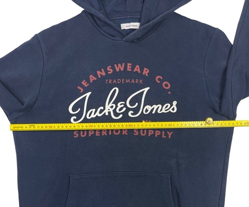 JACK & JONES Hoodie Jumper Navy Blue Logo Kangaroo Pockets Fleece Size M - Picture 8 of 10