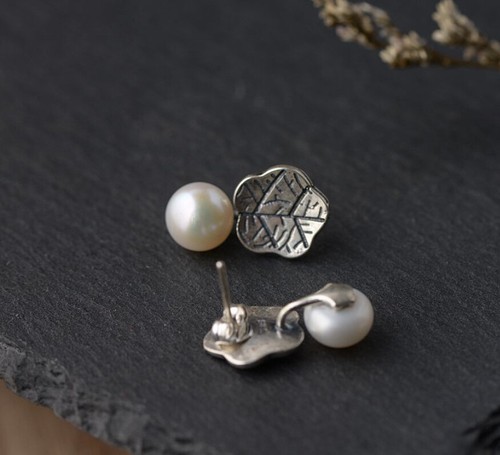 B11 Orecchini Foglia Fiore Con Bianchi Acqua Dolce Perla Argento Sterling 925 - Foto 3 di 9