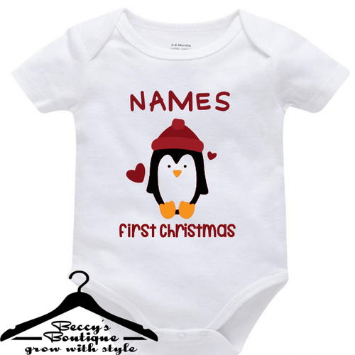 Custom BabyGrow Vest Bodysuit (Names) First Christmas Cute penguin
