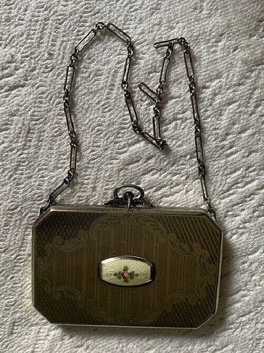 VINTAGE SILVER & ENAMEL 1930S ART DECO LADIES COMPACT WITH WRISTLET - Picture 4 of 12