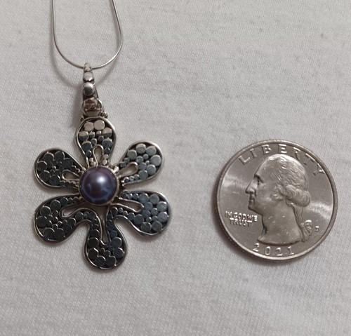 😯 PRETTY & Unique Sterling Silver & Purple Pearl Flower Necklace, 925 Pendant - Picture 8 of 11