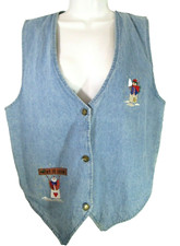 Christmas Snowman Denim Vest Large Embroidery Faded Gear Embroidered Blue Jean