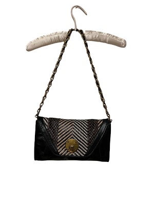 Elliot Lucca Blk Genuine Leather shoulder Bag/Clutch Chain Strap Woven Flap Over