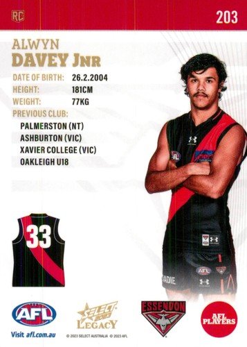 Signed 2023 Essendon Bombers AFL Select Legacy Rookie Card - Alwyn Davey Jnr - Picture 2 of 3