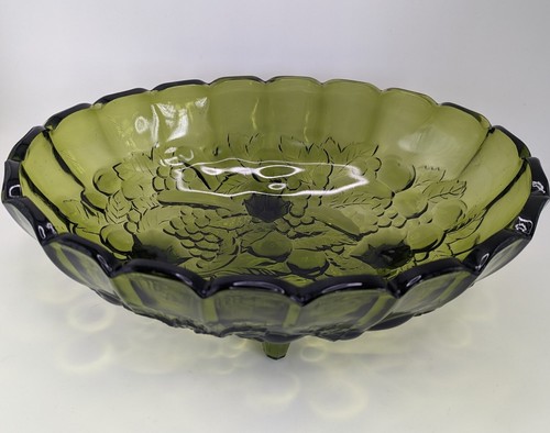 Vintage Harvest Grape Indiana Green Glass Footed Oval Center Fruit Bowl 12” - Picture 3 of 7
