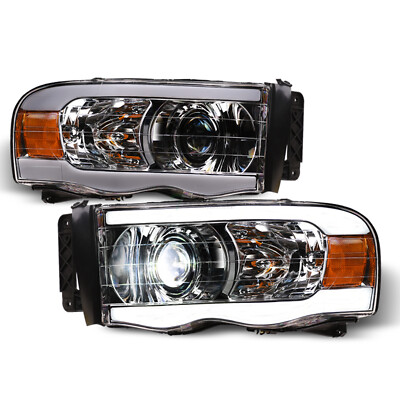 Topline For 2002-2005 Dodge Ram Full LED Strip Projector Headlights Amber Chrome