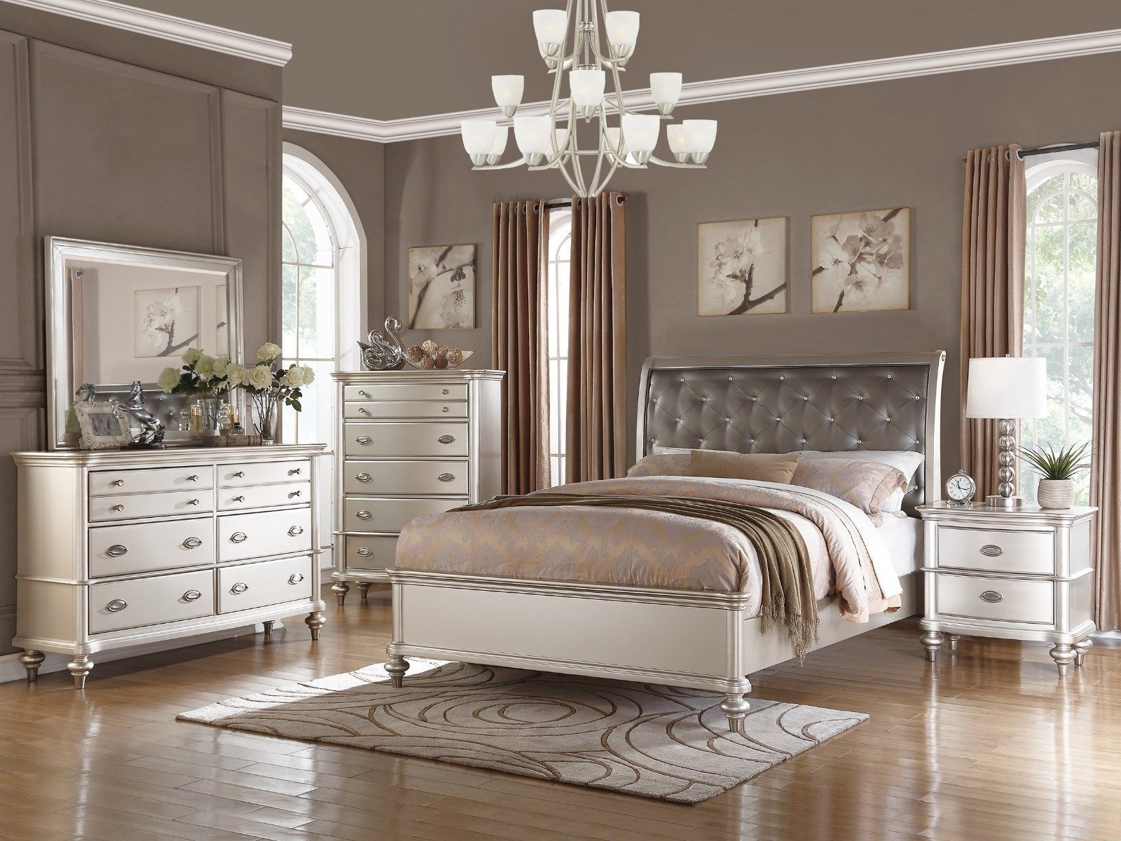 New 5pc Zurich Transitional Metallic Silver Finish Tufted Wood Queen Bedroom Set