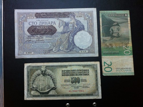 Yugoslavia - Serbia banknotes- 100 dinara 1941, 500 dinara 1978, 20 dinara 2000  - Picture 1 of 2