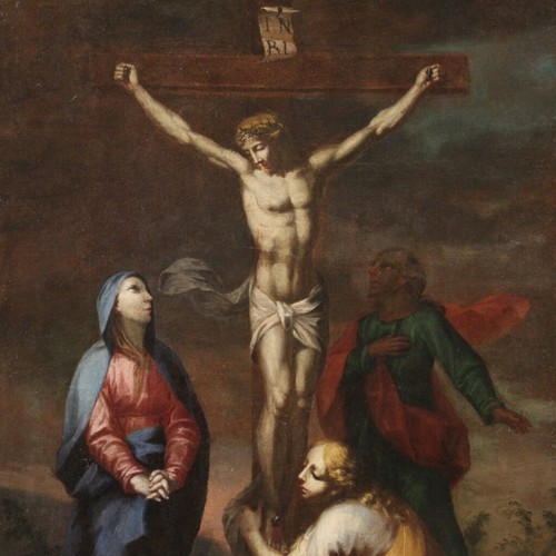 Antica Crocifissione dipinto religioso XVIII secolo quadro olio su tela 700 - Foto 1 di 12