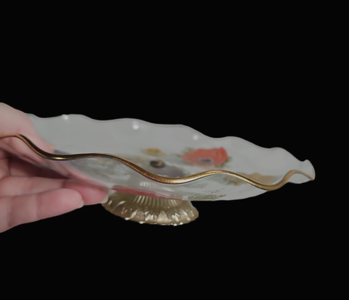 Pedestal Candy Tidbit Plato Reverso Vidrio Pintado Borde Dorado Stoke On Trent - Imagen 13 de 16