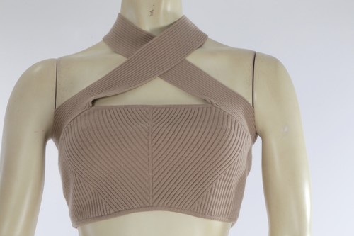 HERVE by Herve Leger Beige Ribbed Knit Halter Neck Cropped Top Size S - Picture 2 of 7