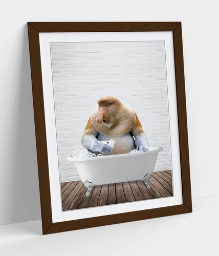 PROBISKUSAFFE IN DER BADEWANNE - LUSTIGE KUNST GERAHMTES POSTER BILD DRUCK BAD KUNSTWERK - Bild 2 von 10