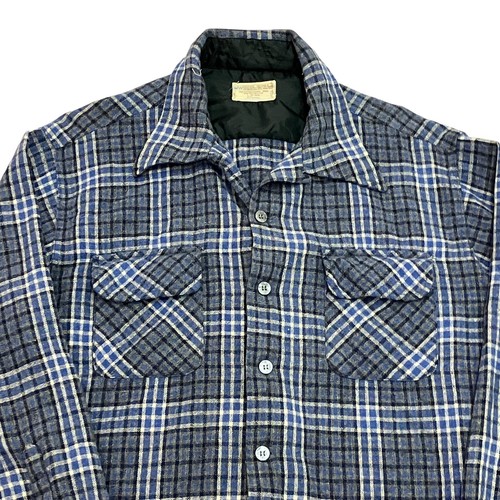 Vintage JC Penney Shirt 100% Virgin Wool Plaid Blue Mens L Long Sleeve - Picture 2 of 9