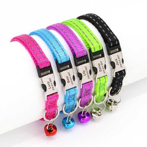 Personalised Dog Puppy Cat Pet Name Collar Engraved ID Name Tags Reflective Bell - Picture 2 of 23