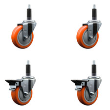 4 Inch Orange Poly Wheel Swivel 1 Inch Expanding Stem Caster Set 2 Brakes SCC