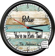  Personalized Name Lake Cabin Beach River Time Rustic Wood Look Sign Wall Clock 