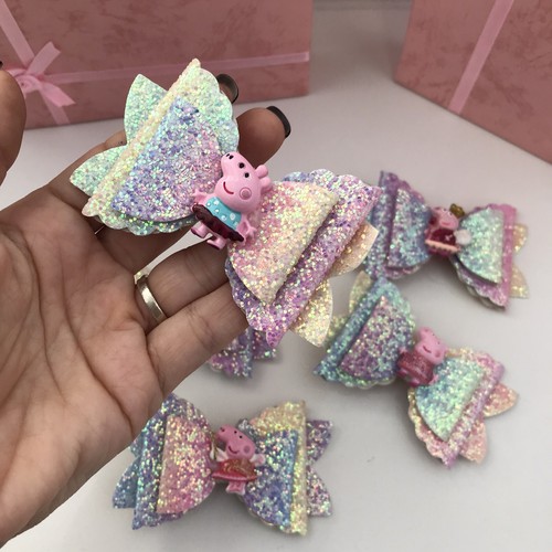 Peppa Pig Sparkly Hair Clips Cute Bows 3in Wide / 5 Pieces Included - Picture 8 of 12