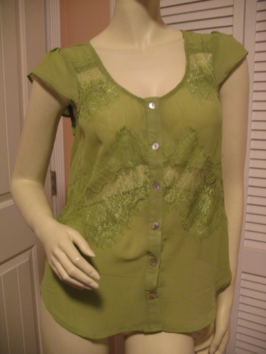 New Vintage Y2K 90s Lace Sheer Top Button Up Green Boho Fairy Fairycore Princess - Picture 6 of 12