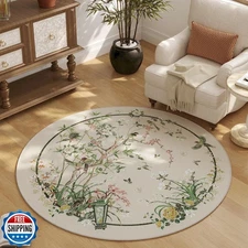 Vowkten Circle Rug 4ft Chinoiserie-Style Floral Vintage Washable Round Rug No