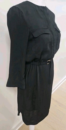 H&M Black Old Money Waist Tie Button Down 3/4 Sleeve Boss Dress Sz 2 - Picture 3 of 15