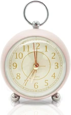 Vintage Small Alarm Clock with Night Light, Pink, Quartz Movement, Battery Opera