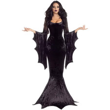 Costume Morticia Addams Long Train Dress Halloween Terror Dark Outfit Gothic Gow