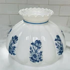 VTG White Milk Glass Melon Hurricane Lamp Shade 10" w/Blue Flowers Grandma Core