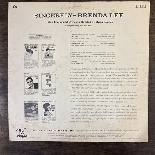 33 12" LP BRENDA LEE SINCERELY Decca Record LP Vinyl Rock N Roll - Picture 3 of 11