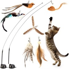 Interactive Bird Simulation Cat Toy Set,Cat Wand Toys,Wand Self-Holding Sucti...