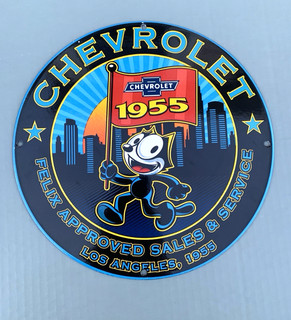 VINTAGE FELIX THE CAT CHEVROLET CHEVY DOME GAS STATION PORCELAIN MOTOR OIL SIGN