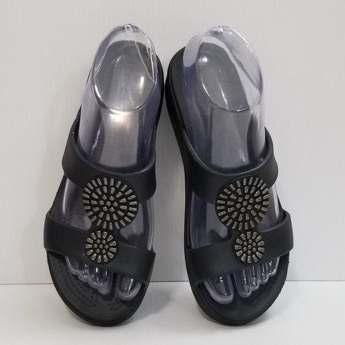 Crocs Monterey Diamante Damen-Pantoletten Keilabsatz Größe 6 offene Zehenpartie Blumenmuster schwarz