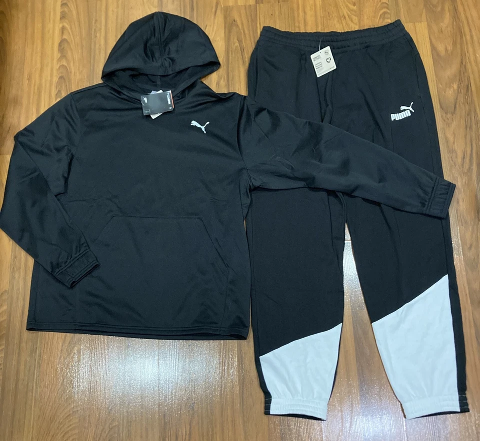 Conjunto de calça com capuz Puma masculina 3 listras 2 peças preto/branco tamanho G nova - Imagem 4 de 4