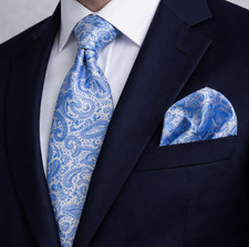 Silver with Royal Blue Paisley Necktie, Hanky, and Cufflinks