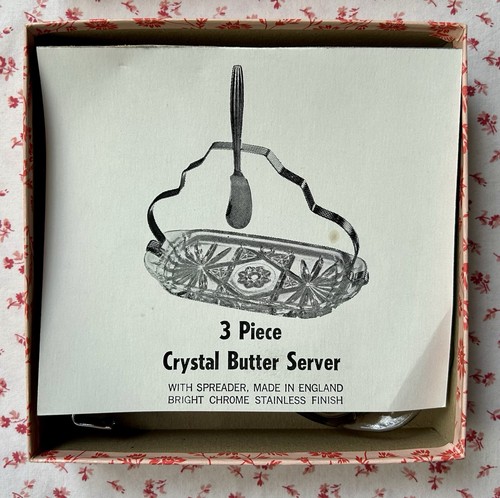 Vintage 1950s MCM 3 Piece Crystal Butter Server Spreader Made in England NOS NIB - Picture 2 of 7