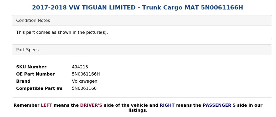 VW TIGUAN LIMITED 2017-2018 - maletero carga mate 5N0061166H Foto 3 de 4